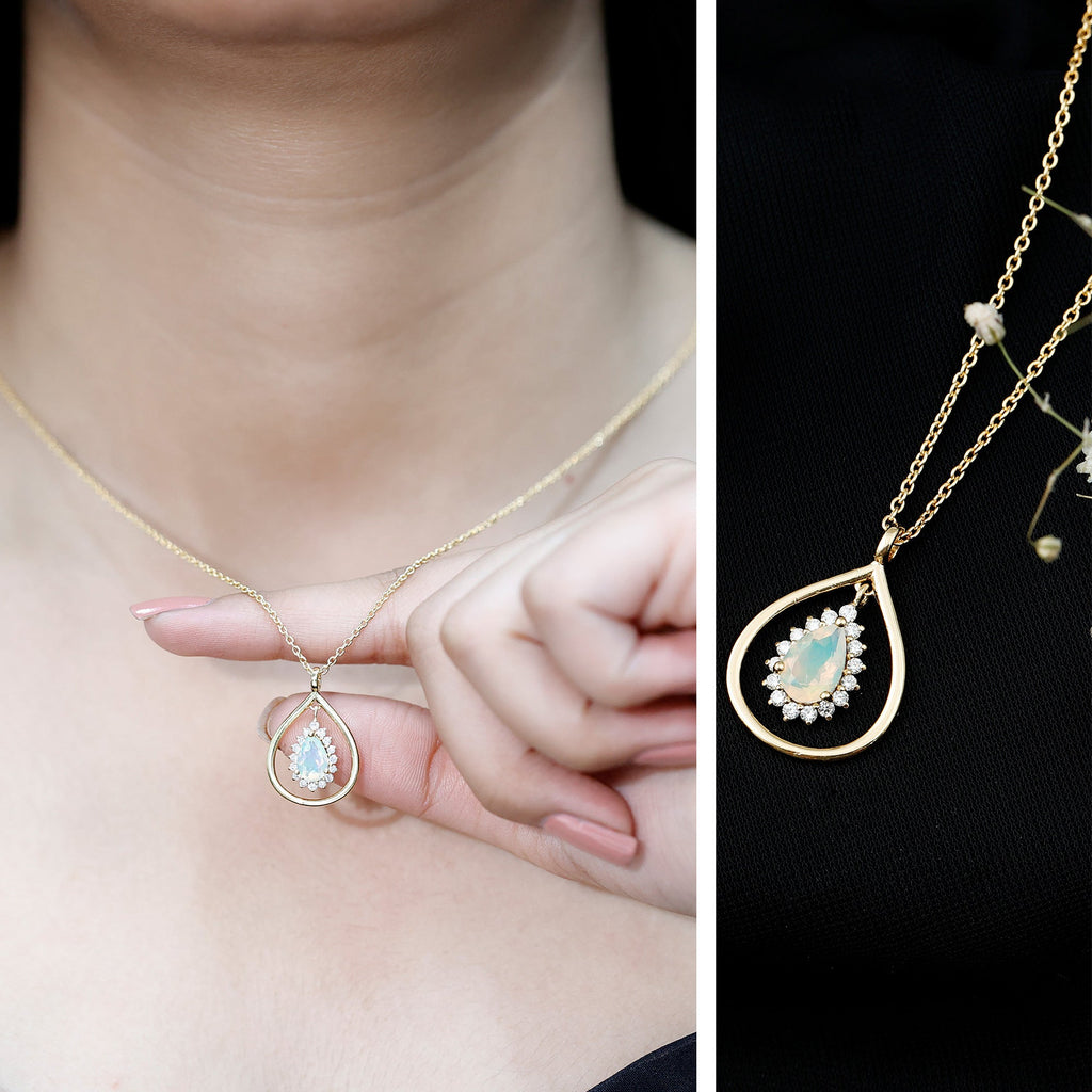 Natural 0.6 Carat Ethiopian Opal Teardrop Pendant Necklace with Lab Diamond Halo