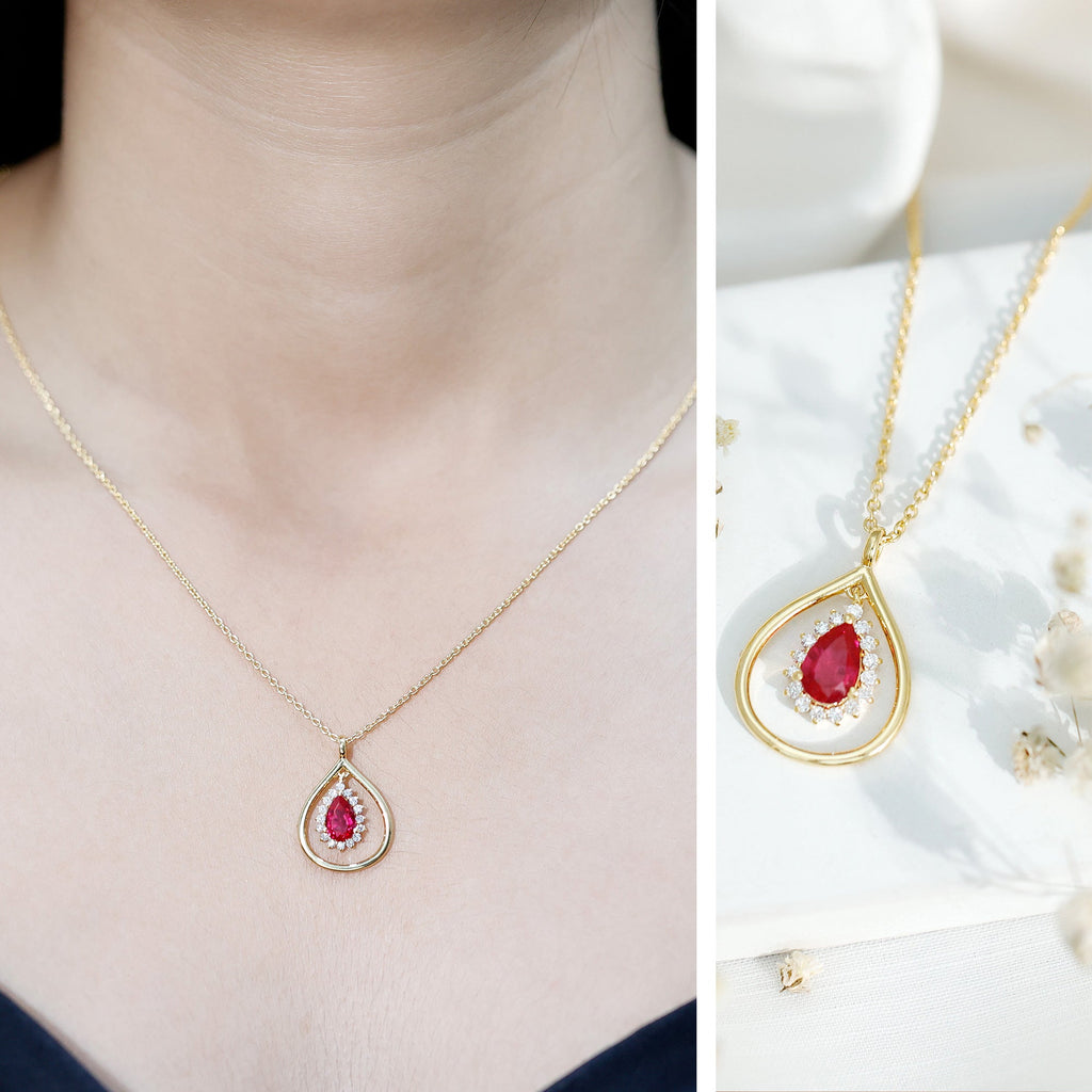 1.3 Carat Lab Grown Ruby Teardrop Necklace with Lab Diamond