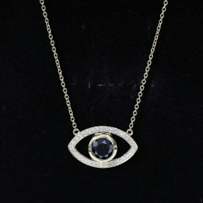 Natural 1.6 Carat Black Diamond Evil Eye Necklace in Yellow Gold Plated Silver