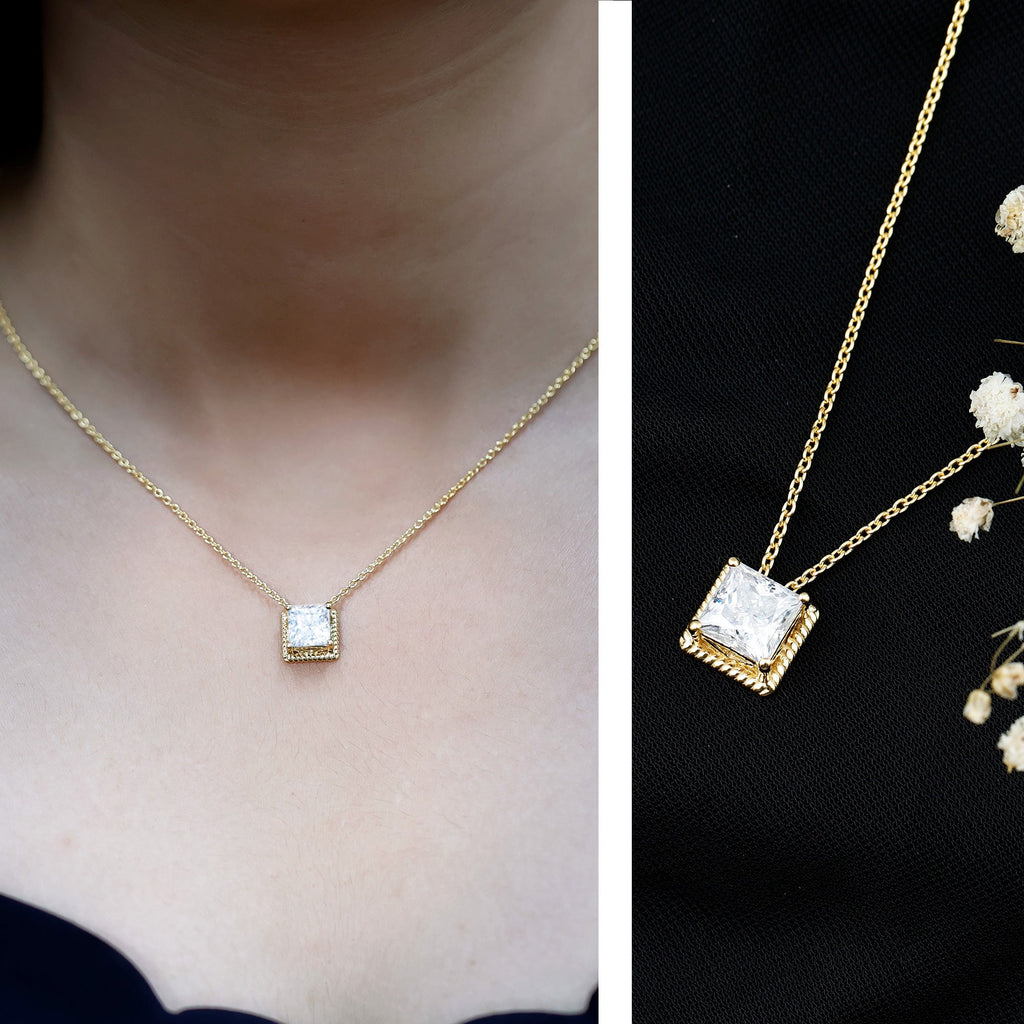 2 Carat Princess Cut Moissanite Solitaire Necklace with Rope Frame