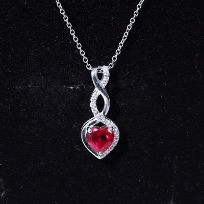 1 Carat Lab Grown Ruby Heart and Infinity Necklace with Silver Chain