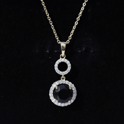 Natural 2 CT Round Black Onyx Necklace with Diamond Halo