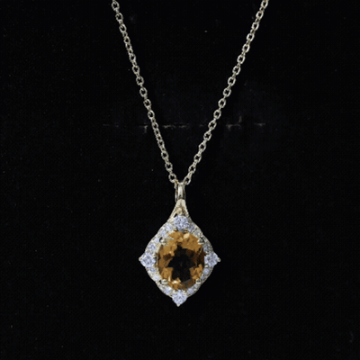 Genuine 2.5 Carat Citrine Diamond Vintage Necklace with Silver Chain