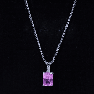 Emerald Cut 1.75 Carat Lab Grown Pink Sapphire Solitaire Necklace with Diamond