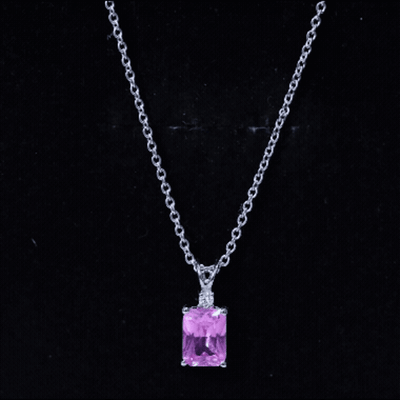 Emerald Cut 1.75 Carat Lab Grown Pink Sapphire Solitaire Necklace with Diamond