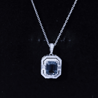 Certified 1.8 Carat Emerald Cut London Blue Topaz Vintage Necklace with Silver Chain