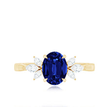 Load image into Gallery viewer, Certified 1.5 Carat Oval Lab Grown Blue Sapphire Engagement Ring with Diamond Trio