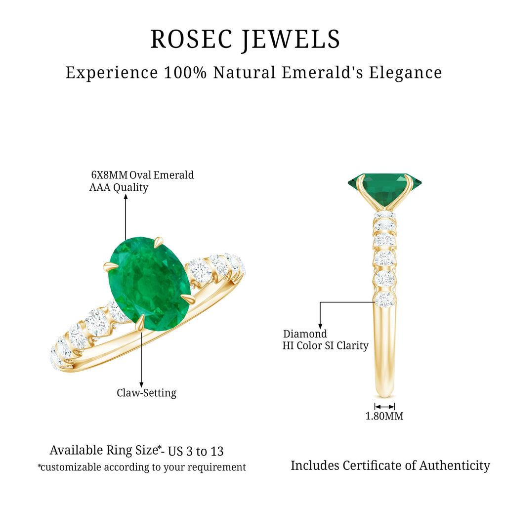 Natural 6X8mm Emerald Oval Engagement Ring with Diamond Side Stones