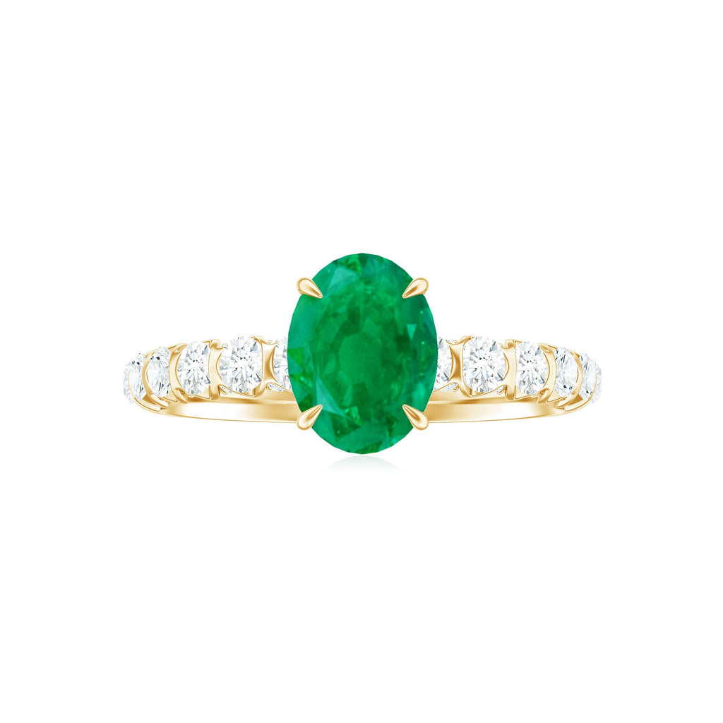 Natural 6X8mm Emerald Oval Engagement Ring with Diamond Side Stones