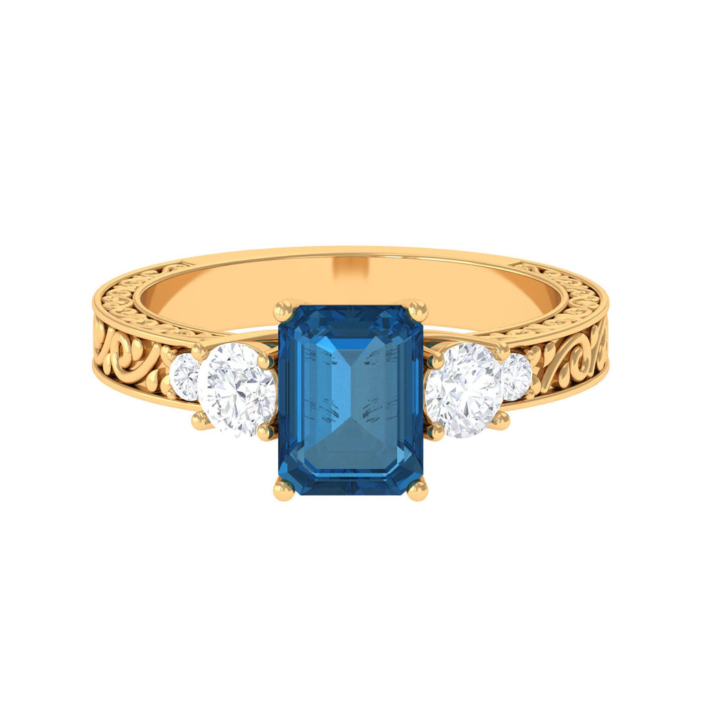 6X8mm Emerald Cut London Blue Topaz Statement Ring with Engraved Shank