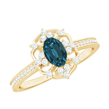 Load image into Gallery viewer, 0.4 Carat Oval Cut London Blue Topaz Vintage Engagement Ring with Diamond