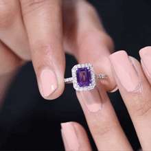 Load image into Gallery viewer, 1.4 Carat Amethyst Emerald Cut Engagement Ring with Diamond Halo