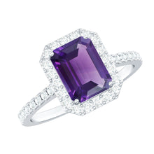 Load image into Gallery viewer, 1.4 Carat Amethyst Emerald Cut Engagement Ring with Diamond Halo