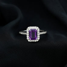 Load image into Gallery viewer, 1.4 Carat Amethyst Emerald Cut Engagement Ring with Diamond Halo
