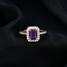 Load image into Gallery viewer, 1.4 Carat Amethyst Emerald Cut Engagement Ring with Diamond Halo
