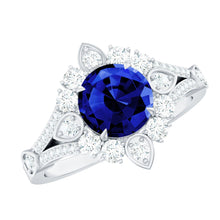 Load image into Gallery viewer, Certified 2.7 Carat Lab Grown Blue Sapphire Flower Engagement Ring with Diamond