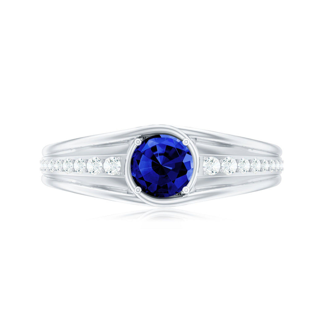 1 CT Created Blue Sapphire and Diamond Classic Engagement Ring