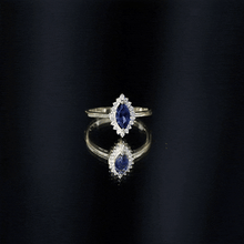 Load image into Gallery viewer, Marquise Cut Lab Grown Blue Sapphire and Diamond Halo Engagement Ring