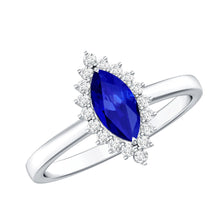 Load image into Gallery viewer, Marquise Cut Lab Grown Blue Sapphire and Diamond Halo Engagement Ring