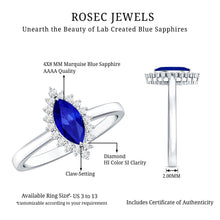 Load image into Gallery viewer, Marquise Cut Lab Grown Blue Sapphire and Diamond Halo Engagement Ring