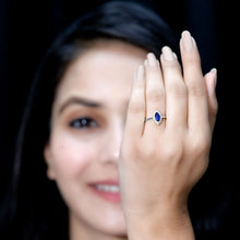 Load image into Gallery viewer, Marquise Cut Lab Grown Blue Sapphire and Diamond Halo Engagement Ring