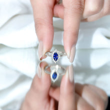 Load image into Gallery viewer, Marquise Cut Lab Grown Blue Sapphire and Diamond Halo Engagement Ring