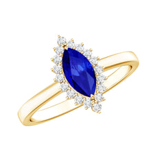 Load image into Gallery viewer, Marquise Cut Lab Grown Blue Sapphire and Diamond Halo Engagement Ring