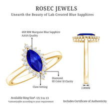 Load image into Gallery viewer, Marquise Cut Lab Grown Blue Sapphire and Diamond Halo Engagement Ring