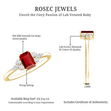 Load image into Gallery viewer, 0.75 Carat Emerald Cut Lab Created Ruby and Diamond Promise Ring in Silver