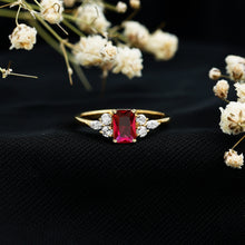 Load image into Gallery viewer, 0.75 Carat Emerald Cut Lab Created Ruby and Diamond Promise Ring in Silver