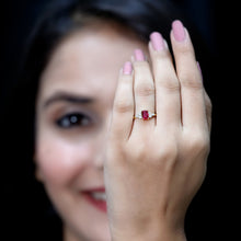 Load image into Gallery viewer, 0.75 Carat Emerald Cut Lab Created Ruby and Diamond Promise Ring in Silver