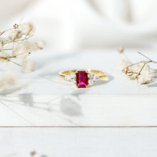 Load image into Gallery viewer, 0.75 Carat Emerald Cut Lab Created Ruby and Diamond Promise Ring in Silver