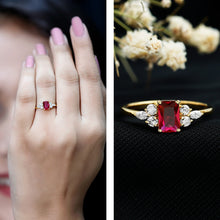 Load image into Gallery viewer, 0.75 Carat Emerald Cut Lab Created Ruby and Diamond Promise Ring in Silver