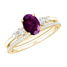 Load image into Gallery viewer, Genuine Rhodolite Oval Engagement Ring with Diamond Wedding Band