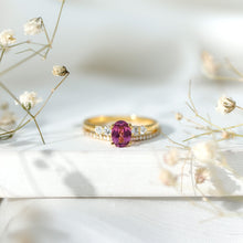Load image into Gallery viewer, Genuine Rhodolite Oval Engagement Ring with Diamond Wedding Band