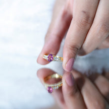 Load image into Gallery viewer, Genuine Rhodolite Oval Engagement Ring with Diamond Wedding Band