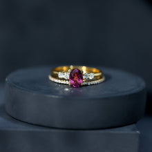 Load image into Gallery viewer, Genuine Rhodolite Oval Engagement Ring with Diamond Wedding Band