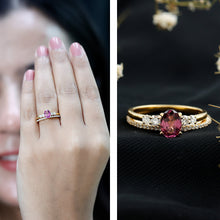 Load image into Gallery viewer, Genuine Rhodolite Oval Engagement Ring with Diamond Wedding Band