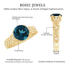 Load image into Gallery viewer, 8mm Round London Blue Topaz Vintage Engagement Ring with Certificate