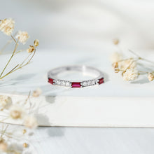 Load image into Gallery viewer, Baguette Cut Lab Grown Ruby Vintage Eternity Band with Diamond