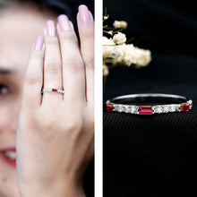 Load image into Gallery viewer, Baguette Cut Lab Grown Ruby Vintage Eternity Band with Diamond