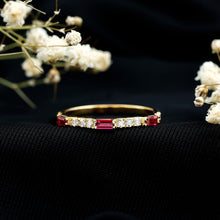 Load image into Gallery viewer, Baguette Cut Lab Grown Ruby Vintage Eternity Band with Diamond