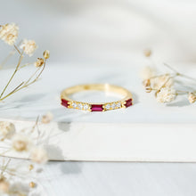 Load image into Gallery viewer, Baguette Cut Lab Grown Ruby Vintage Eternity Band with Diamond