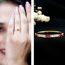 Load image into Gallery viewer, Baguette Cut Lab Grown Ruby Vintage Eternity Band with Diamond