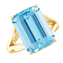 Load image into Gallery viewer, Certified 9 Carat Aquamarine Emerald Cut Engagement Ring in Yellow Gold Plated Silver