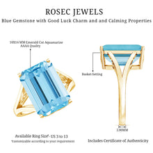 Load image into Gallery viewer, Certified 9 Carat Aquamarine Emerald Cut Engagement Ring in Yellow Gold Plated Silver