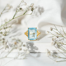 Load image into Gallery viewer, Certified 9 Carat Aquamarine Emerald Cut Engagement Ring in Yellow Gold Plated Silver
