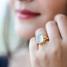 Load image into Gallery viewer, Certified 9 Carat Aquamarine Emerald Cut Engagement Ring in Yellow Gold Plated Silver