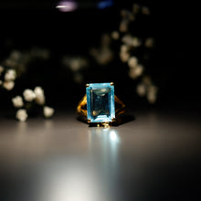 Load image into Gallery viewer, Certified 9 Carat Aquamarine Emerald Cut Engagement Ring in Yellow Gold Plated Silver