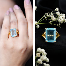 Load image into Gallery viewer, Certified 9 Carat Aquamarine Emerald Cut Engagement Ring in Yellow Gold Plated Silver